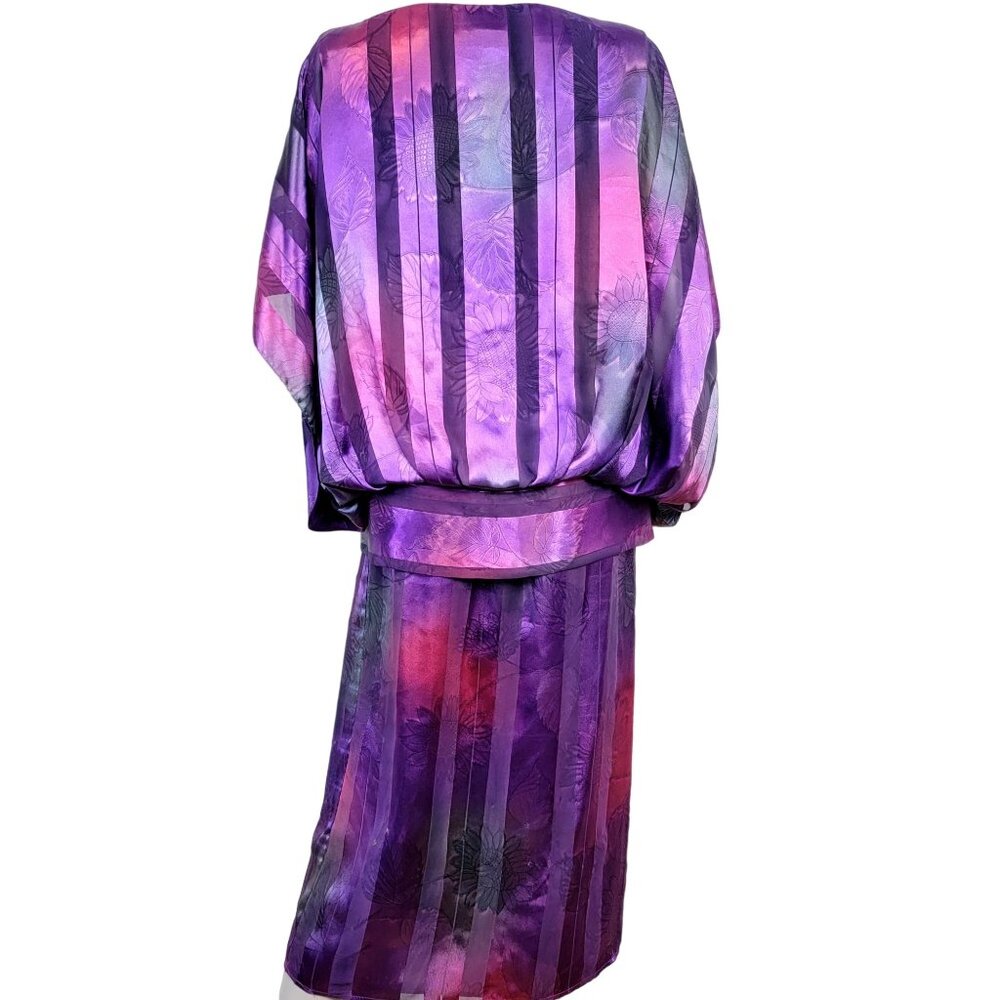 Vintage 80s Set Women 12 Colorful Floral Stripe Midi Skirt Blouse Top Shirt Pink - Picture 7 of 16